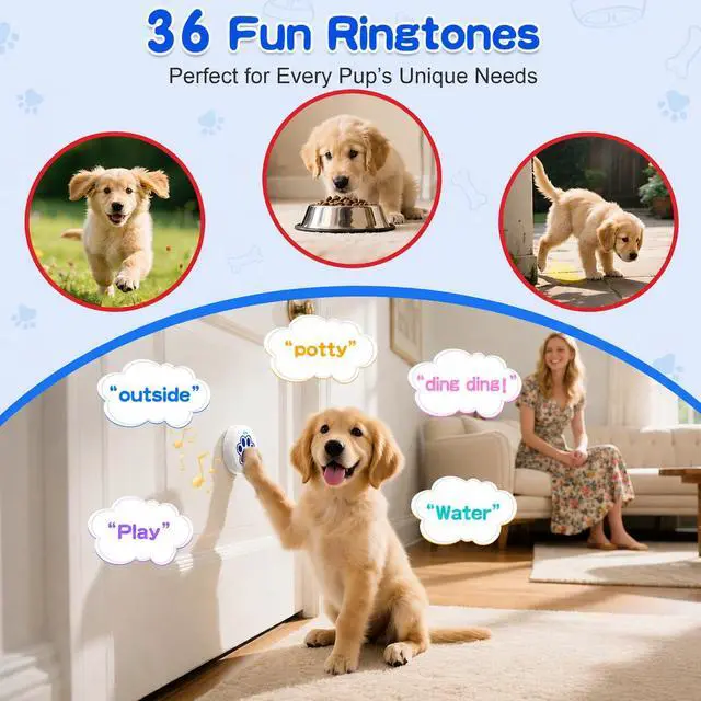 Alt view image 7 of 7 - Dog Training Bells for Door - Dog Door Bell for with 36 Custom Sounds | Dog Bell for Door Potty Training | Chew-Proof & Adjustable Volume (0-115dB) | Teach Puppies to Signal to Go Outside
