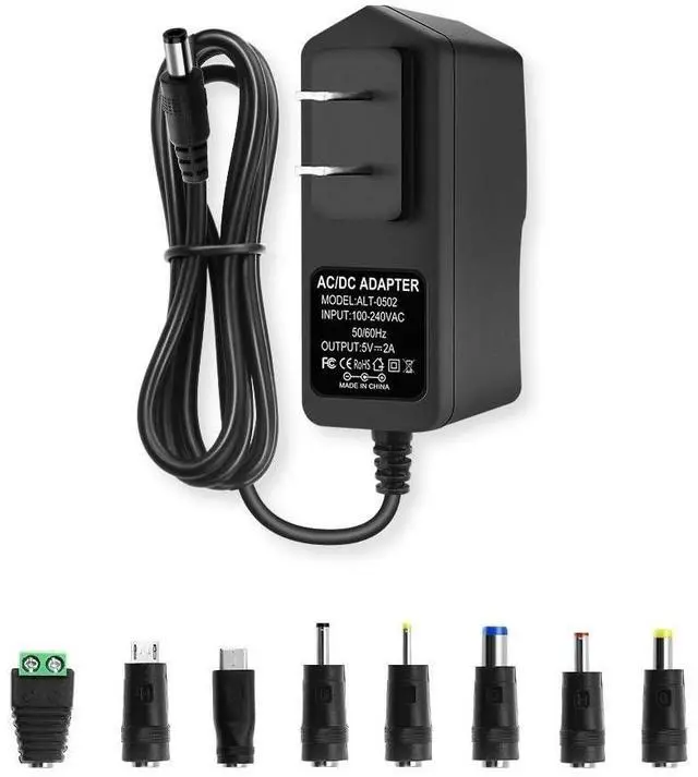 Main image of 5V 2A Power Supply Adapter, AC to DC 5V Power Adapter Cord, 100-240 50/60Hz AC Input to DC 5Volt 2Amp Universal Transformer, 5.5mm x 2.5mm Plug & 8 Tips