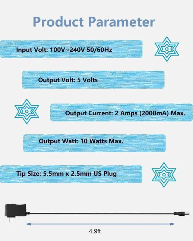 Alt view image 2 of 4 - 5V 2A Power Supply Adapter, AC to DC 5V Power Adapter Cord, 100-240 50/60Hz AC Input to DC 5Volt 2Amp Universal Transformer, 5.5mm x 2.5mm Plug & 8 Tips