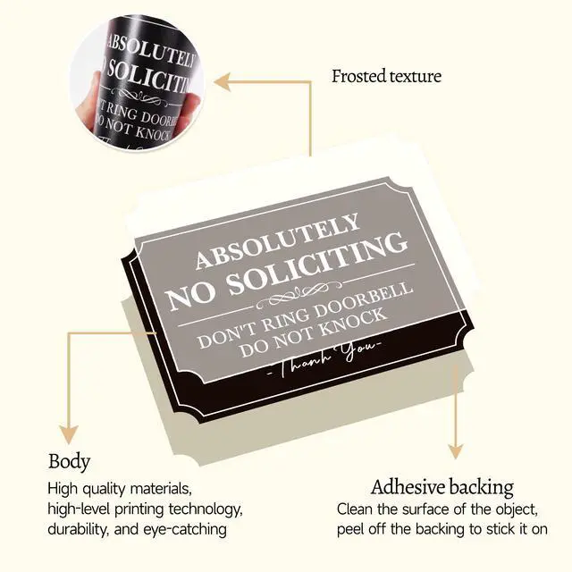 Alt view image 3 of 7 - No Soliciting Sign for Front DoorSelf-Adhesive Elegant Do Not Knock or Ring Doorbell No Soliciting Sticker for Home, No Solicitors Sign for Doorbell, House Door, Home, Office 5.6"x 3.9"