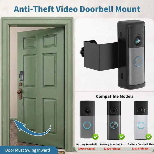 Alt view image 2 of 7 - Anti-Theft Ring Doorbell Mount Compatible with Battery Doorbell/Pro/Plus(2nd Gen), No-Drill Doorbell Mounting Bracket Accessories for Inward Swing Door 2026(newest model)