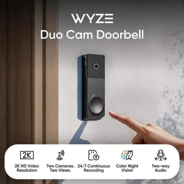 Alt view image 2 of 7 - Wireless Duo Cam Video Doorbell (Chime Included), Battery Powered, 2K Full HD Video, 2 Cameras (People and Package), 2-Way Audio, Color Night Vision