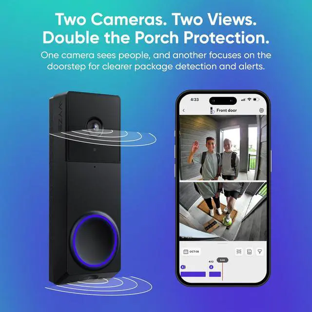 Alt view image 3 of 7 - Wireless Duo Cam Video Doorbell (Chime Included), Battery Powered, 2K Full HD Video, 2 Cameras (People and Package), 2-Way Audio, Color Night Vision