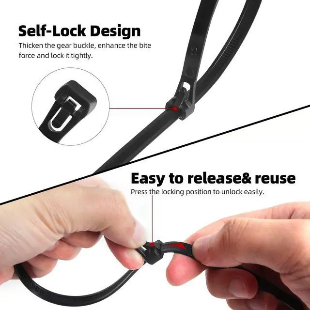 Alt view image 5 of 7 - 100Pcs 8 Inch Heavy Duty Industrial Zip Toes 40lbs Tensile Strength Releasable Black Tie Wraps Reusable Zip Toes Tie Straps For Garden Plant Secure Vine, Home Office