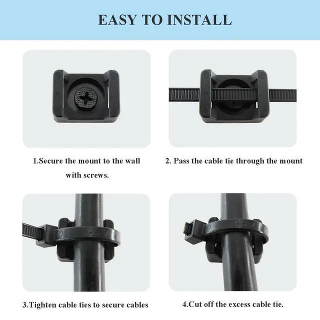 Alt view image 3 of 5 - Saddle Type Cable Zip Tie Mounts Base Kit with Screw Hole,Set Strong 6 Inch Nylon Cable Ties and Screws Each 100 PCS,Wire Clips Anchor Management Fastener for Baseborad,Wall or Desk,Black