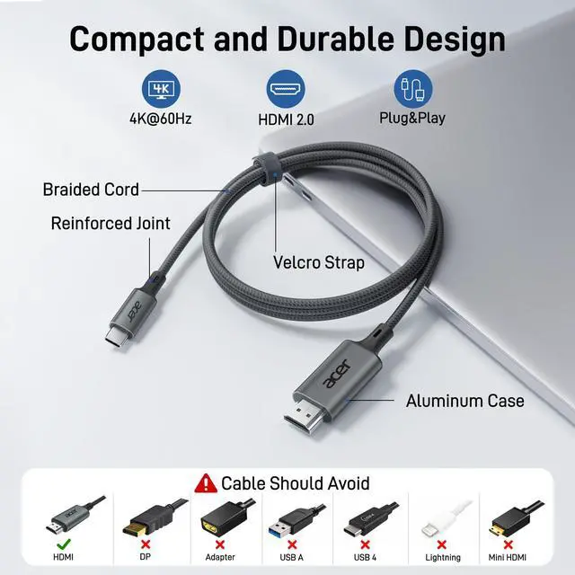 Alt view image 4 of 7 - USB C to HDMI Cable for Home Office 6.6FT (4K@60Hz), Thunderbolt 4/3 Compatible, High-Speed Type C to HDMI 2.0 Braided Cord for MacBook Neo, iPhone 17/16 Pro/Max, iPad Pro, Galaxy S25, Surface