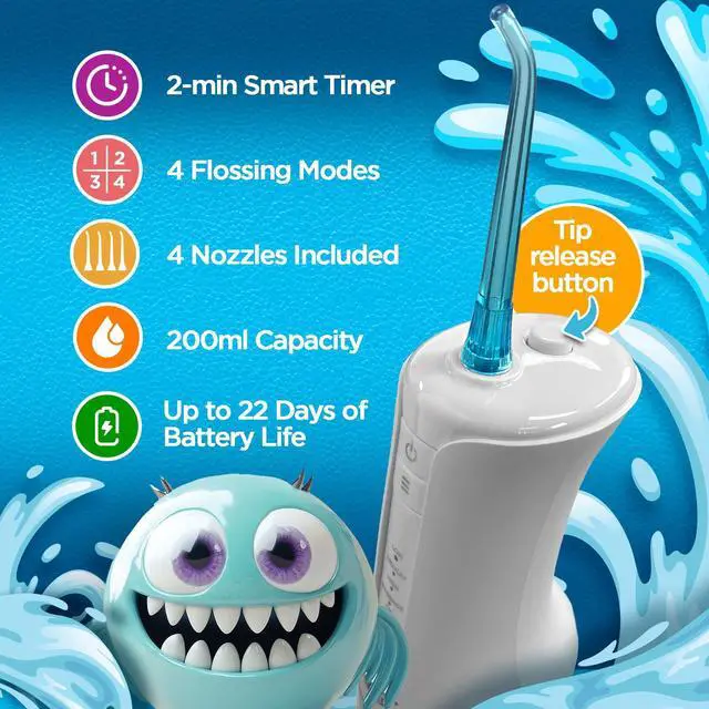 Alt view image 2 of 7 - Kids Water Flosser Portable Oral Irrigator for Children Ages 6+, 4 Gentle Modes, 4 Nozzles, 2-Min Smart Timer, Cordless, BPA-Free, Monster Frens Theme Kids Floss for Braces, Sensitive Gums