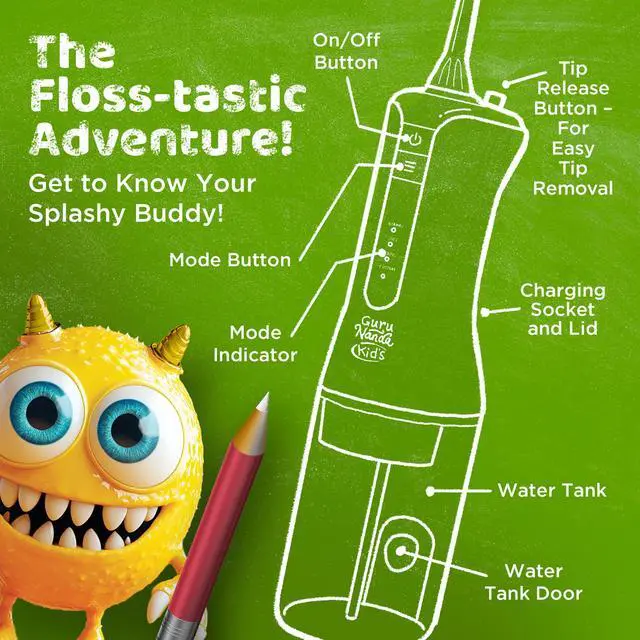 Alt view image 4 of 7 - Kids Water Flosser Portable Oral Irrigator for Children Ages 6+, 4 Gentle Modes, 4 Nozzles, 2-Min Smart Timer, Cordless, BPA-Free, Monster Frens Theme Kids Floss for Braces, Sensitive Gums