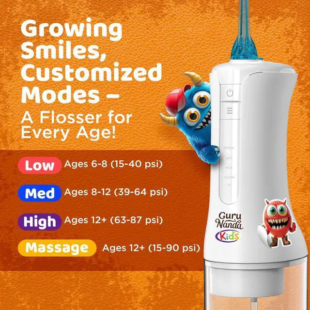 Alt view image 3 of 7 - Kids Water Flosser Portable Oral Irrigator for Children Ages 6+, 4 Gentle Modes, 4 Nozzles, 2-Min Smart Timer, Cordless, BPA-Free, Monster Frens Theme Kids Floss for Braces, Sensitive Gums