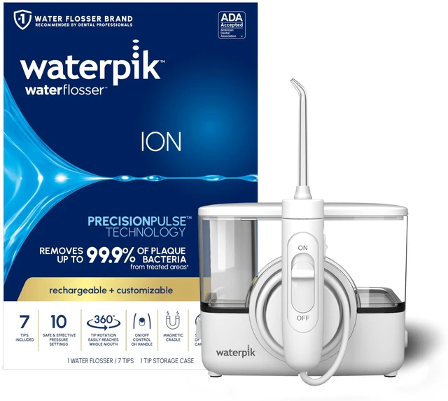 Main image of ION Rechargeable Water Flosser with 10 Settings, 7 Tips, White | Portable Cordless Countertop for at Home Daily Gum Health, Dental Braces, Implants, ADA Accepted, WF-12 Packaging May Vary
