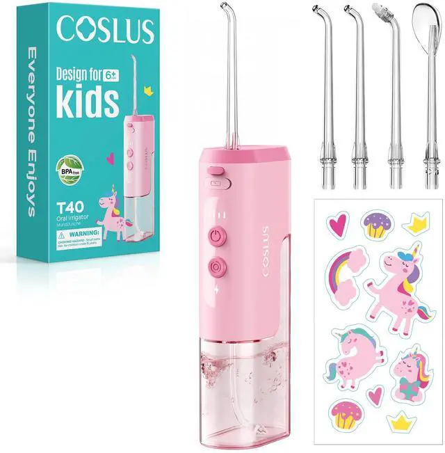Main image of Portable Water Flosser for Kids: 4 Gentle Modes for Ages 6+, Braces & Sensitive Teeth - with Fun DIY Stickers, 4 Storable Nozzles, Mini Compact for Home School & Travel, BPA-Free, Pink