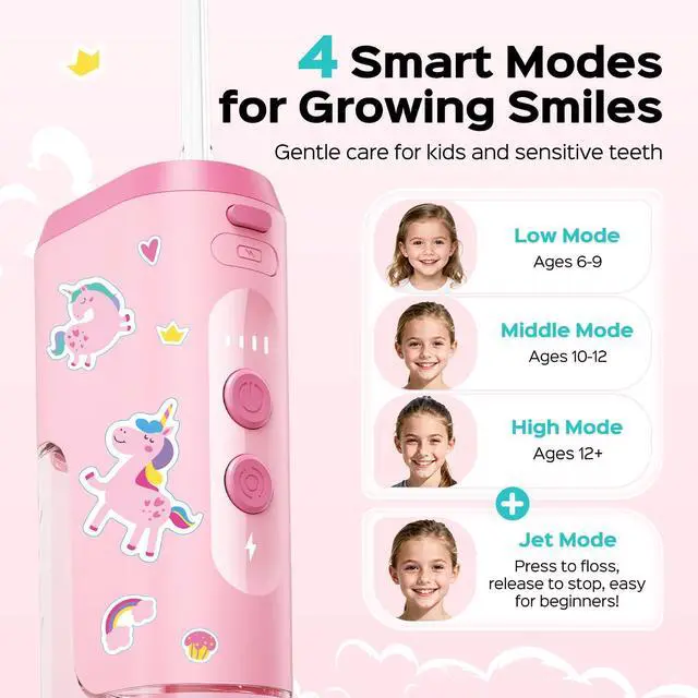 Alt view image 3 of 7 - Portable Water Flosser for Kids: 4 Gentle Modes for Ages 6+, Braces & Sensitive Teeth - with Fun DIY Stickers, 4 Storable Nozzles, Mini Compact for Home School & Travel, BPA-Free, Pink