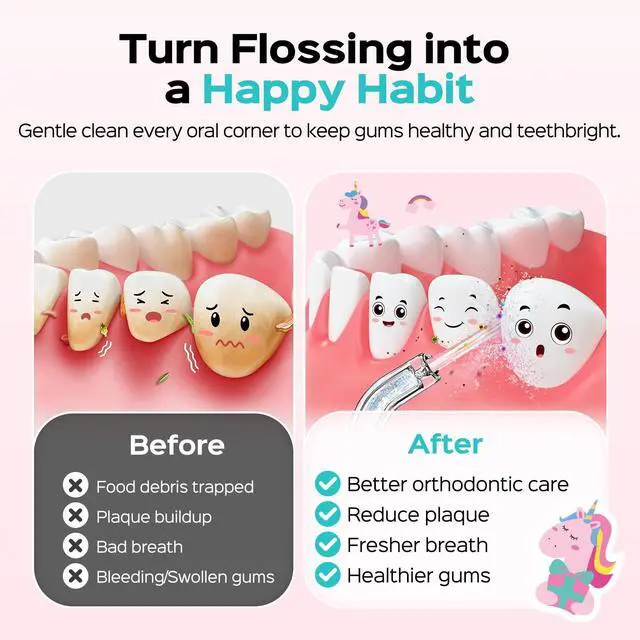 Alt view image 2 of 7 - Portable Water Flosser for Kids: 4 Gentle Modes for Ages 6+, Braces & Sensitive Teeth - with Fun DIY Stickers, 4 Storable Nozzles, Mini Compact for Home School & Travel, BPA-Free, Pink