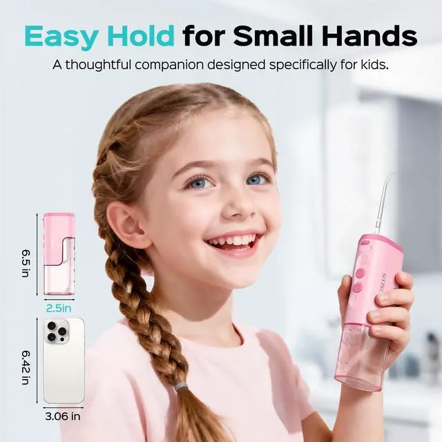 Alt view image 4 of 7 - Portable Water Flosser for Kids: 4 Gentle Modes for Ages 6+, Braces & Sensitive Teeth - with Fun DIY Stickers, 4 Storable Nozzles, Mini Compact for Home School & Travel, BPA-Free, Pink