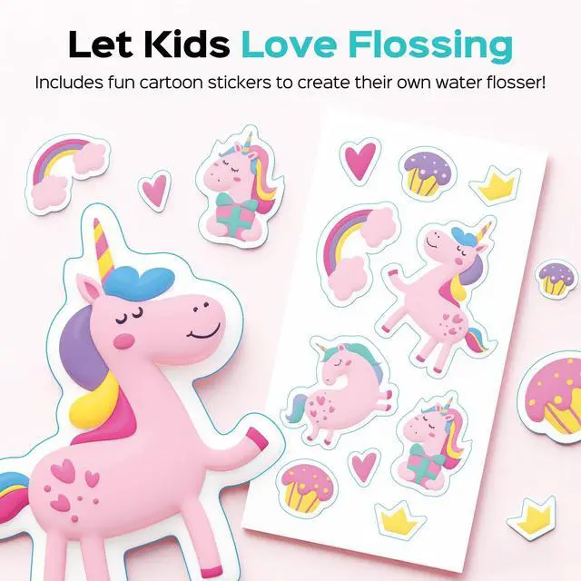 Alt view image 5 of 7 - Portable Water Flosser for Kids: 4 Gentle Modes for Ages 6+, Braces & Sensitive Teeth - with Fun DIY Stickers, 4 Storable Nozzles, Mini Compact for Home School & Travel, BPA-Free, Pink