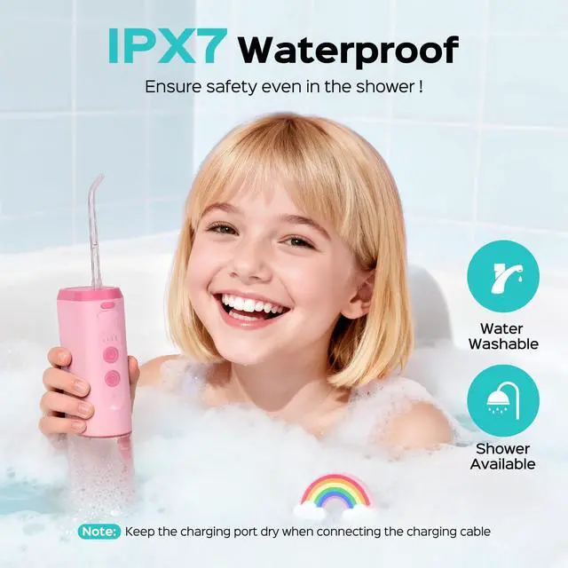 Alt view image 6 of 7 - Portable Water Flosser for Kids: 4 Gentle Modes for Ages 6+, Braces & Sensitive Teeth - with Fun DIY Stickers, 4 Storable Nozzles, Mini Compact for Home School & Travel, BPA-Free, Pink