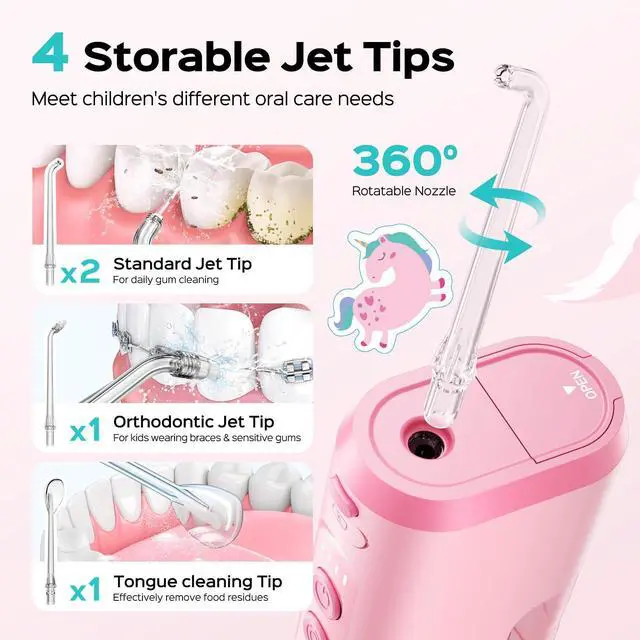 Alt view image 7 of 7 - Portable Water Flosser for Kids: 4 Gentle Modes for Ages 6+, Braces & Sensitive Teeth - with Fun DIY Stickers, 4 Storable Nozzles, Mini Compact for Home School & Travel, BPA-Free, Pink