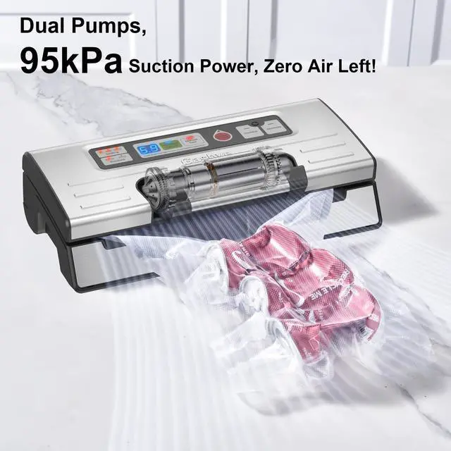 Alt view image 3 of 7 - 95kPa Precision Vacuum Sealer Machine, Double Heat Seal for Dry/Moist Food, Easy-Lock Handle, Built-in Bag Storage & Cutter, Progress Display, Pulse Mode, Removable Drip Tray, Silver