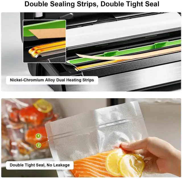 Alt view image 4 of 7 - 95kPa Precision Vacuum Sealer Machine, Double Heat Seal for Dry/Moist Food, Easy-Lock Handle, Built-in Bag Storage & Cutter, Progress Display, Pulse Mode, Removable Drip Tray, Silver