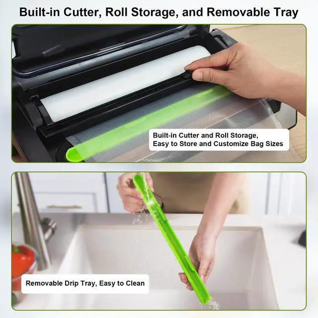 Alt view image 5 of 7 - 95kPa Precision Vacuum Sealer Machine, Double Heat Seal for Dry/Moist Food, Easy-Lock Handle, Built-in Bag Storage & Cutter, Progress Display, Pulse Mode, Removable Drip Tray, Silver