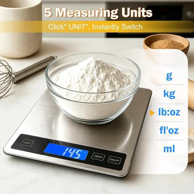 Alt view image 3 of 7 - 33lb Food Scale, Digital Kitchen Scale Batteries and USB Charging,1g/0.05oz Precise Graduation, Waterproof Stainless Steel with LCD Display Weight Grams and oz for Cooking Baking (Stainless Steel)