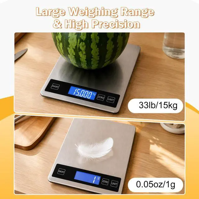 Alt view image 5 of 7 - 33lb Food Scale, Digital Kitchen Scale Batteries and USB Charging,1g/0.05oz Precise Graduation, Waterproof Stainless Steel with LCD Display Weight Grams and oz for Cooking Baking (Stainless Steel)