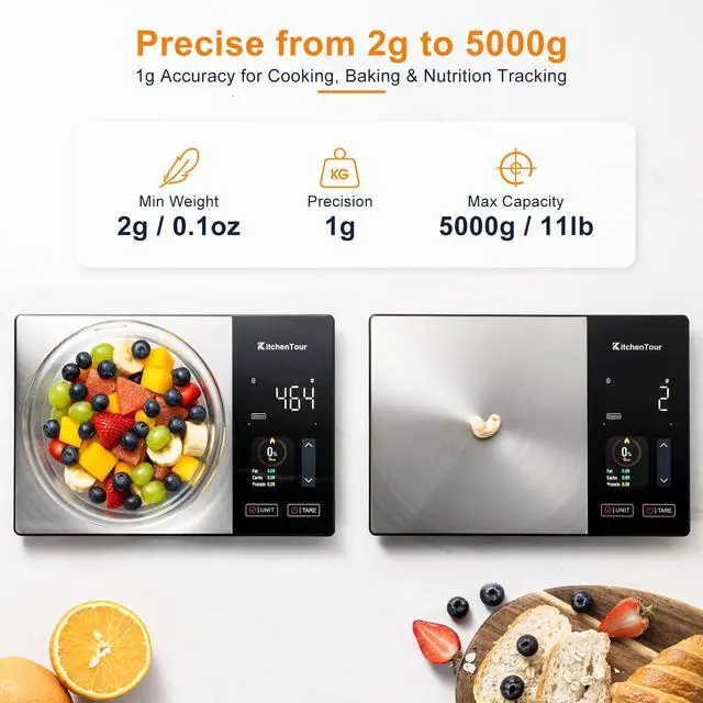 Alt view image 2 of 5 - Smart Food Scale with Nutritional Calculator, Bluetooth App for Calorie & Macro Tracking, 24 Nutrients, 11lb/1g Stainless Steel Kitchen Scale