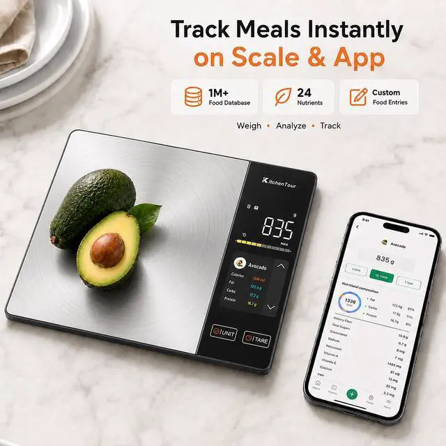 Alt view image 4 of 5 - Smart Food Scale with Nutritional Calculator, Bluetooth App for Calorie & Macro Tracking, 24 Nutrients, 11lb/1g Stainless Steel Kitchen Scale