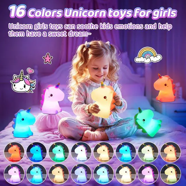 Alt view image 3 of 7 - Unicorn Toys, Night Light for Kids Night Light,16 Colors+Silicone+Dimmable+12 Hours Use Nightlight for Kids Room,Unicorn Toys for Girls Age 4-6, Valentines Day Gifts for Kids, Baby, Toddlers, Adults