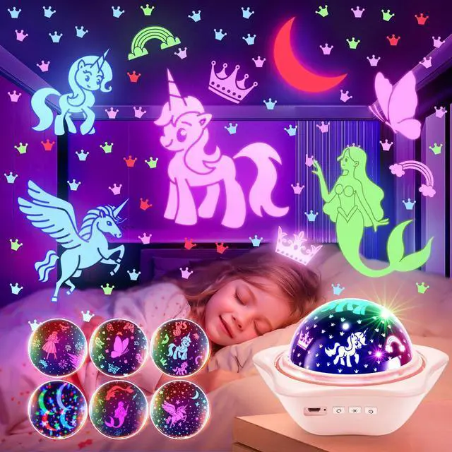 Main image of Girls Toys for Girl Gifts, 6 Films Light Projector Unicorn Toys for Girls Age 4-6, Rechargeable Night Lights for Bedroom, 360° Rotating Decor Mermaid Gifts Princess Baby Toddler Toys