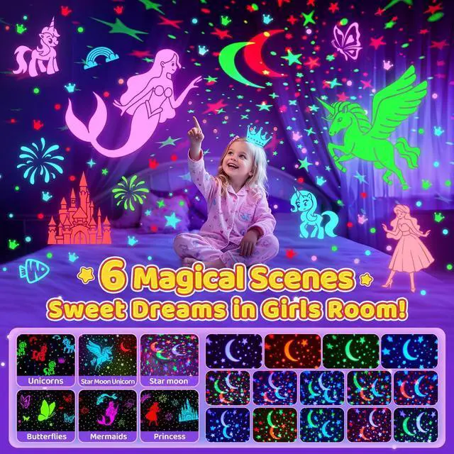 Alt view image 3 of 6 - Girls Toys for Girl Gifts, 6 Films Light Projector Unicorn Toys for Girls Age 4-6, Rechargeable Night Lights for Bedroom, 360° Rotating Decor Mermaid Gifts Princess Baby Toddler Toys
