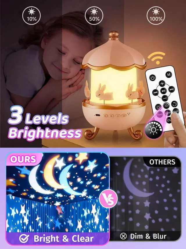 Alt view image 6 of 7 - Carousel Night Light for Kids,15 Music+15 Films+315 Colors Star Projector for Kids Night Light Projector,360°+Remote+1200mah Unicorn Toys for Girls Room Decor,Autism Toys,Toddler Gifts for Girls Baby