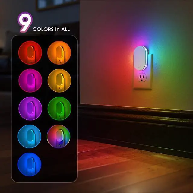 Alt view image 2 of 6 - Plug in Night Light, RGB Night Lights Plug into Wall with Foldable Plug 2 Pack, Dusk to Dawn Light Sensor Nightlight with Multi Lighting Modes, Color Changing Night Light for Bedroom Hallway