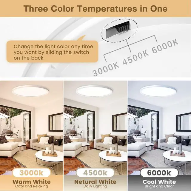 Alt view image 2 of 7 - Super Slim 3200LM 12Inch LED Ceiling Lights Flush Mount, Dimmable 3000K 4500K 6000K CCT, Low Profile Surface Mount Light Fixtures, 24W Thin Flat LED Panel Lights for Bedroom Bathroom Kitchen, 2 Packs