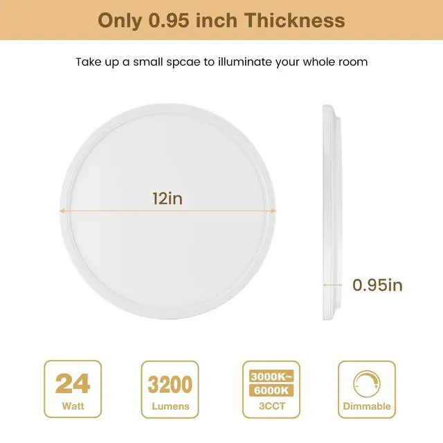 Alt view image 5 of 7 - Super Slim 3200LM 12Inch LED Ceiling Lights Flush Mount, Dimmable 3000K 4500K 6000K CCT, Low Profile Surface Mount Light Fixtures, 24W Thin Flat LED Panel Lights for Bedroom Bathroom Kitchen, 2 Packs