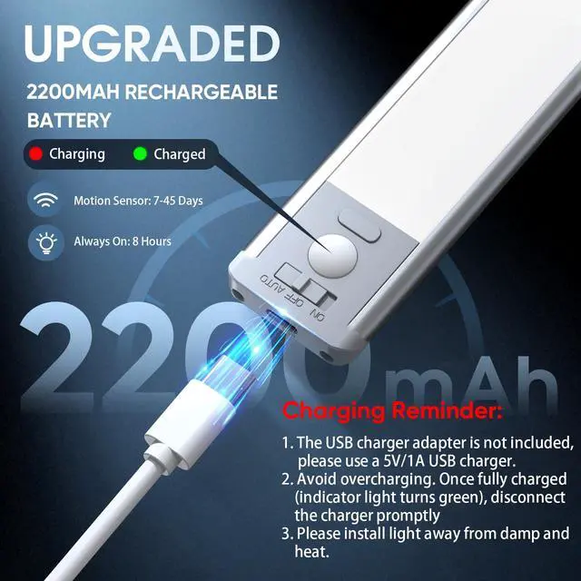 Alt view image 5 of 7 - 14.7inch Under Cabinet Lighting, 2 Pack Rechargeable Motion Sensor Light Indoor, 5 Levels Dimmable Magnetic Closet Lights, Wireless Under Counter Lights for Kitchen, Stairs,Hallway