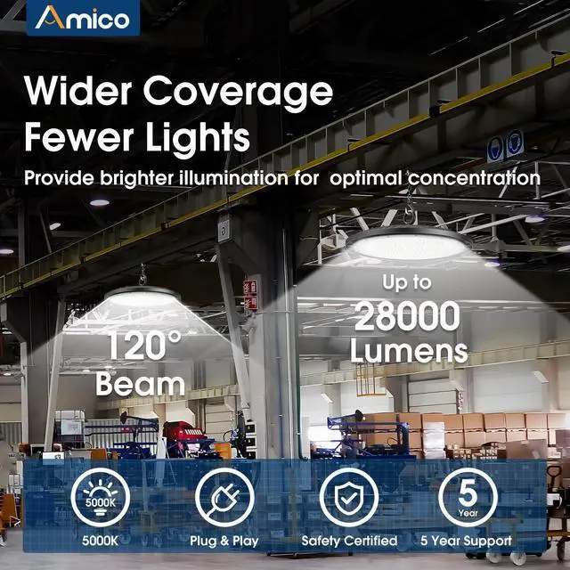 Alt view image 2 of 7 - 200W 10 Pack UFO LED High Bay Light 28,000lm 5000K LED High Bay Lights with UL Listed US Hook 5' Cable Alternative to 650W MH/HPS for Gym Factory Barn Warehouse