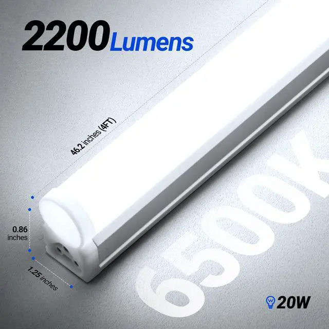 Alt view image 7 of 7 - 6 Pack LED T5 Integrated Single Fixture, 4FT, 2200lm, 6500K Super Bright White, 20W Utility LED Shop Light, Ceiling and Under Cabinet Light, Corded Electric with ON/Off Switch, ETL Listed
