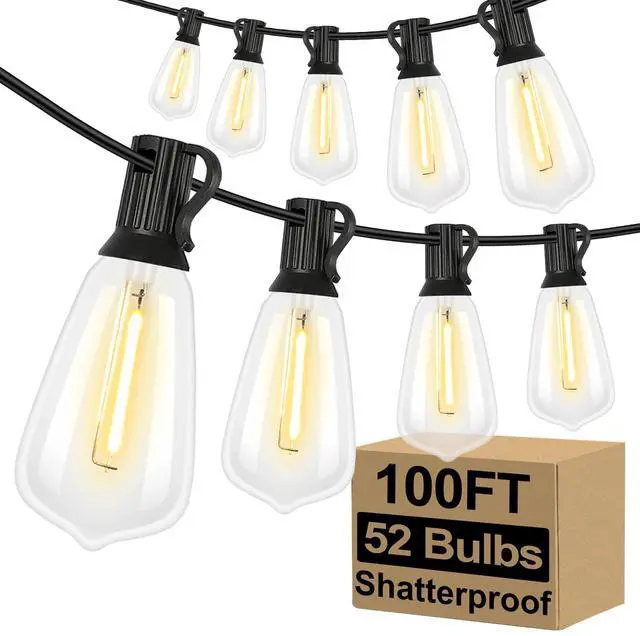 Main image of LED Outdoor String Lights 100FT Patio Lights with 52 Shatterproof ST38 Vintage Edison Bulbs, Outside Hanging Light Waterproof for Porch, Deck, Garden, Backyard, Balcony, 2700K Dimmable