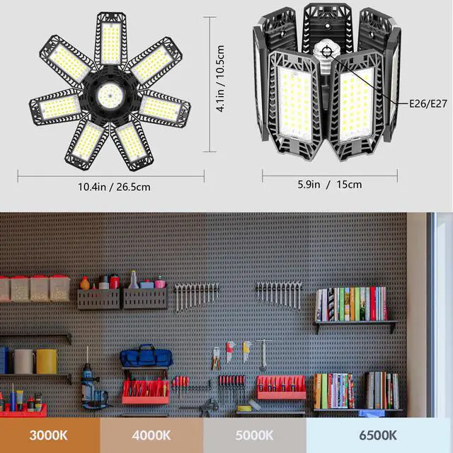 Alt view image 4 of 7 - LED Garage Light 6 Pack - 200w 20000LM 6500K Garage Lights Ceiling LED with 7+1 Adjustable Panels, Shop Lights Screw in E26 E27 Bulb Socket for Workshop, Storage Room, Basement, Warehouse