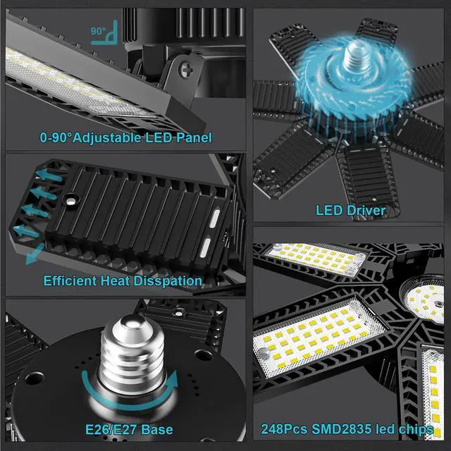 Alt view image 5 of 7 - LED Garage Light 6 Pack - 200w 20000LM 6500K Garage Lights Ceiling LED with 7+1 Adjustable Panels, Shop Lights Screw in E26 E27 Bulb Socket for Workshop, Storage Room, Basement, Warehouse