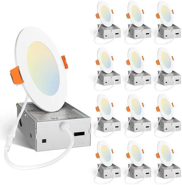 Main image of 12 Pack 4 Inch 5CCT Ultra-Thin LED Recessed Dimmable Can/Ceiling Light with Junction Box, 2700K/3000K/3500K/4000K/5000K Selectable, 11W Eqv 70W, 800LM High Brightness Wafer Downlight - ETL&FCC