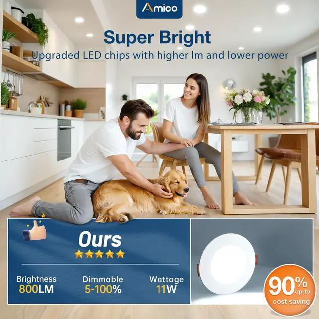 Alt view image 4 of 7 - 12 Pack 4 Inch 5CCT Ultra-Thin LED Recessed Dimmable Can/Ceiling Light with Junction Box, 2700K/3000K/3500K/4000K/5000K Selectable, 11W Eqv 70W, 800LM High Brightness Wafer Downlight - ETL&FCC