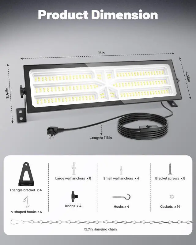 Alt view image 7 of 7 - 2 Pack Linkable LED Shop Lights, 100W 15000LM Plug in Garage Light