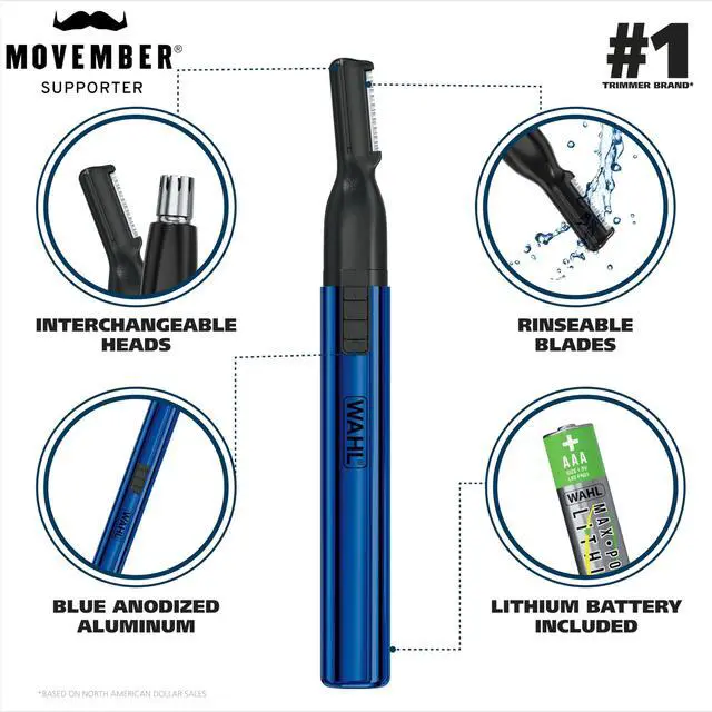 Alt view image 2 of 7 - Lithium 2 in 1 Battery Pen Detail Touch Up Trimmer for Nose, Ear, Neckline, Eyebrow, & Other Detailing - Blue - by The Brand by Professionals - Model 5643-200