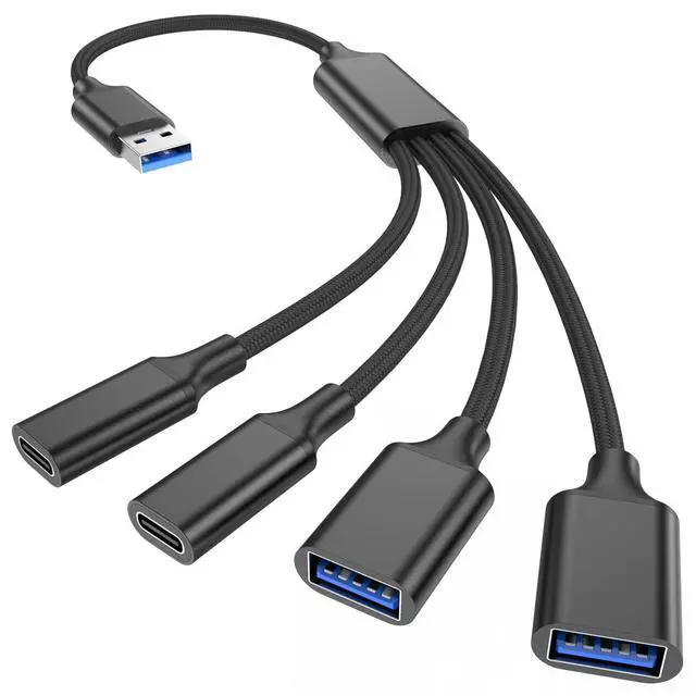 Main image of USB Splitter Cable 1 in 4 Out, 2 USB A & 2 USB C Multiport Extender Hub 1FT