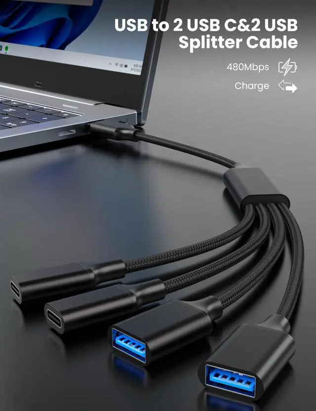 Alt view image 2 of 5 - USB Splitter Cable 1 in 4 Out, 2 USB A & 2 USB C Multiport Extender Hub 1FT