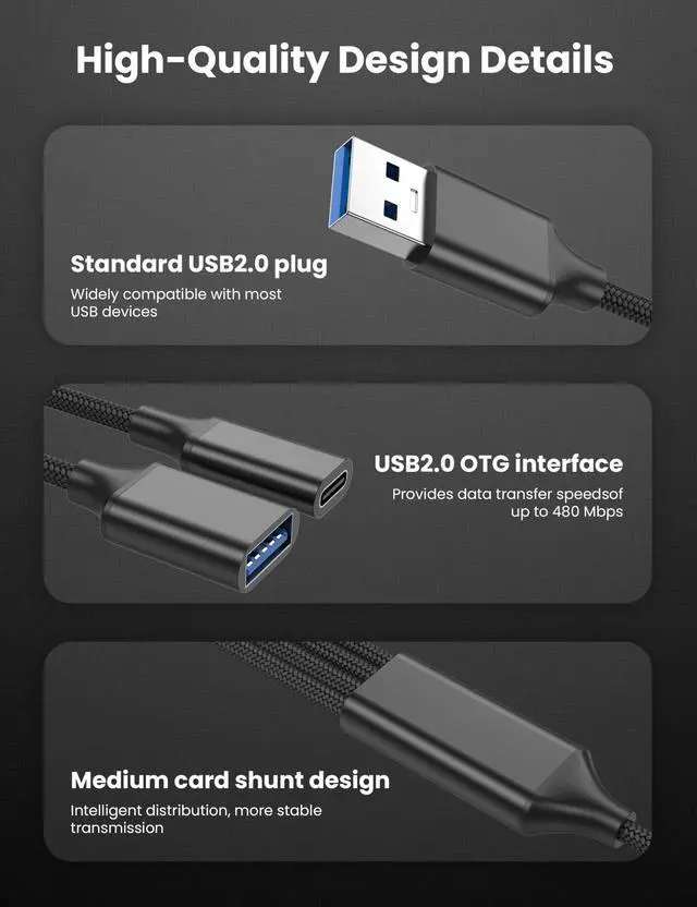 Alt view image 5 of 5 - USB Splitter Cable 1 in 4 Out, 2 USB A & 2 USB C Multiport Extender Hub 1FT