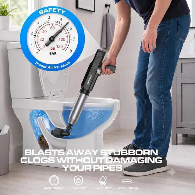 Alt view image 2 of 7 - Electric Toilet Plunger for Bathroom, High-Pressure Air Plunger, Heavy-Duty Clog Remover for Toilets, Toilet Drain Unclogger (Ink Black)