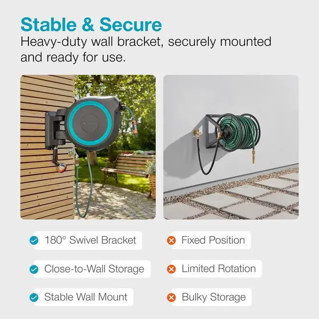 Alt view image 3 of 7 - Retractable Garden Hose Reel - 115 Feet - Auto Retract Hose Reel with 180° Swivel Wall Mount - Heavy Duty - Integrated Spray Nozzle - 18630